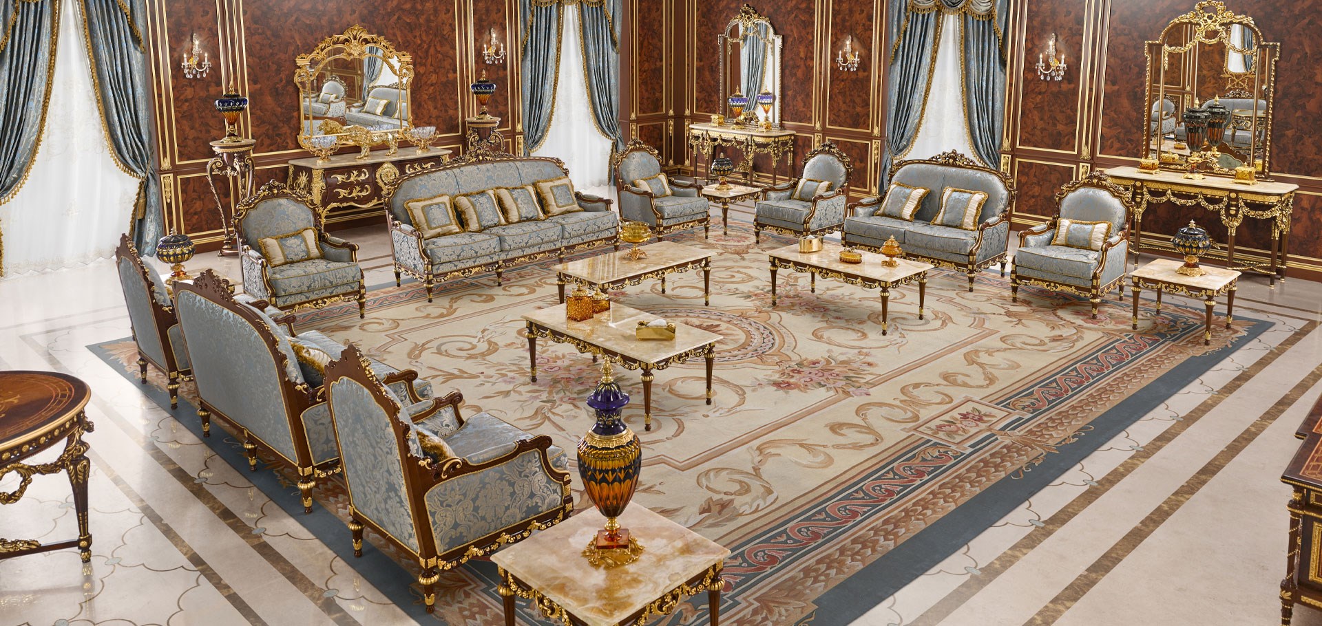 Luxury majilis by Modenese Luxury Interiors in walnut and light blue damask fabric