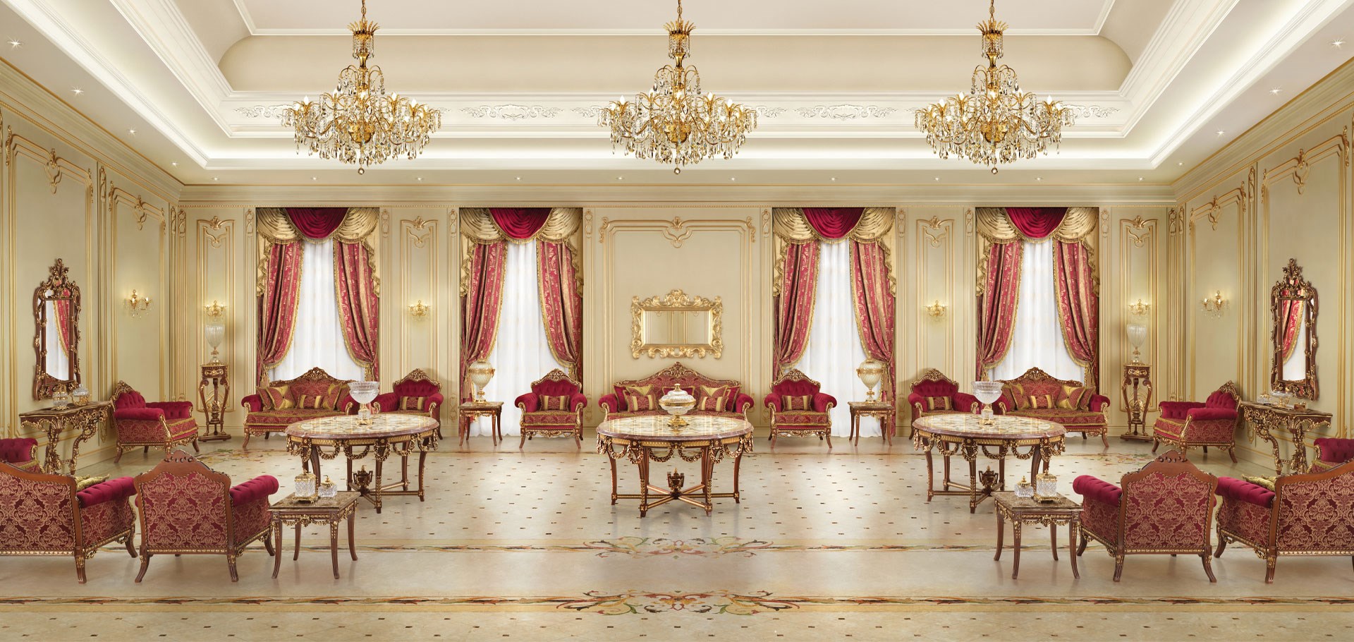 Red fabric living room majilis Modenese Interiors luxury sofas
