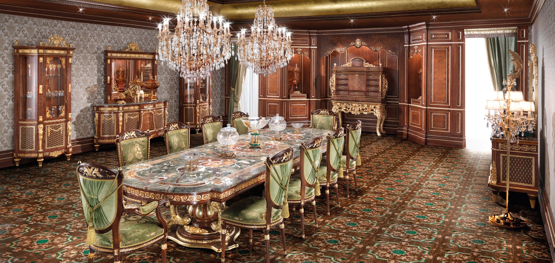 Louix XVII marble luxury precious stone table in a dining room for 10 people with wooden floor and
marquetry furniture
