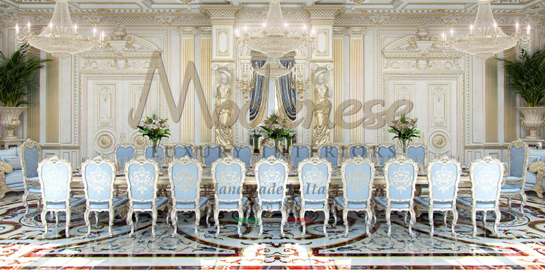 Elegant ivory table for 24 people with light blue fabric and in leaf details by Modenese Interiors