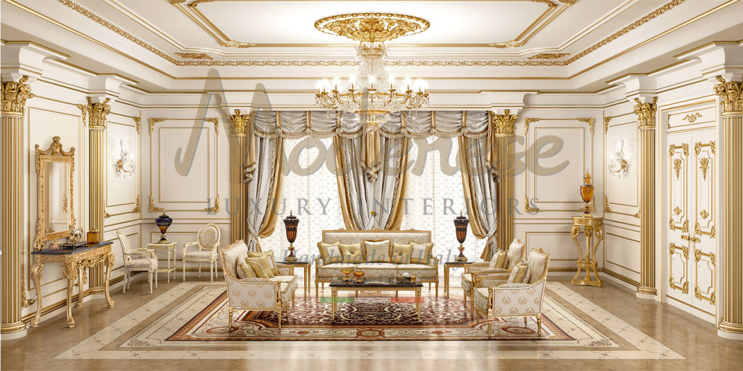 Modenese gold and white living room with Emperador Dark marble interior design