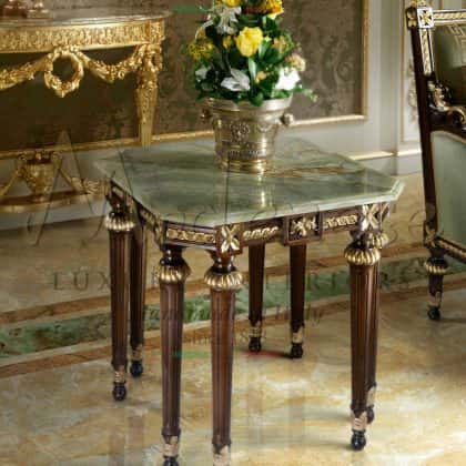 made in Italy handmade carved and manufactured luxury coffee table elegant baroque style refined top marble green onyx exclusive furniture top quality artisanal interiors golden lead details finish production majestic venetian inlaid coffe table top solid wood exclusive furniture production