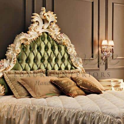 luxury royal villa elegant traditional venetian luxury furniture master bed suite graceful headboard decoration swarovski buttons finish details made in Italy green satin charming refined leaf handmade painiting headboard opulent painiting decorated ornamental bed bench majestic solid wood bed structure royal exclusive venetian baroque design