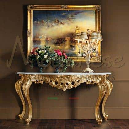 handmade carved and manufactured luxury console majestic venetian baroque style refined top giada white marble exclusive furniture top quality artisanal interiors golden leaf details finish production classy venetian mirror top solid wood exclusive furniture made in italy production