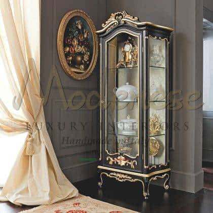 majestic bespoke black inlaid vitrines elegant fabrics leaf golden details solid wood materials ornamental crystal shelves royal palace décor hancrafted luxury italian timeless design furniture bespoke interior projects