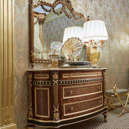 opulent luxury commode furniture unique interiors artisanal victorian venetian details inlaid finish top marble details solid wood majestic italian quality unique golden leaf details refined mirror in golden leaf home decorations finishing premium made in Italy wooden furniture artisanal productio