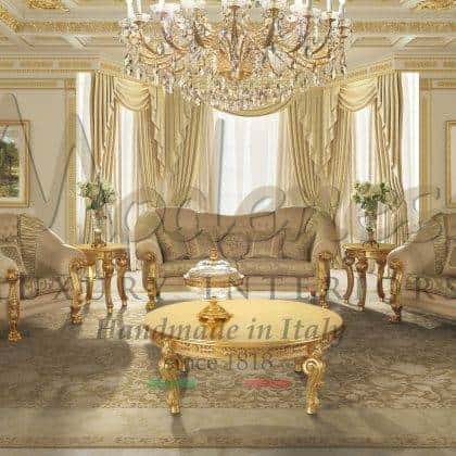 ornamental sofa set comfortable upholstered capitonne' living room made in Italy furniture collection luxurious exclusive fabrics royal palace armchairs collections golden leaf side table handmade carved central round coffee table timeless bespoke home decoration luxury living unique interiors