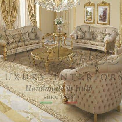 royal luxury living room elegant sitting room area comfortable solid wooden furniture best italian quality exclusive craftsmanship custom-made home décor furnishing projects premium classic style sofas golden leaf handmade carved coffee tables elegant made in Italy fabrics selection top quality unique interiors
