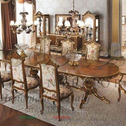custom-made solid wood dining table traditional baroque style handmade carved dining room furniture bespoke handmade inlaid top precious made in Italy classic fabrics royal luxury chairs exclusive palaces home furnishings best classic luxury furniture high-end quality ornamental upholstery handcrafted rococo' furniture