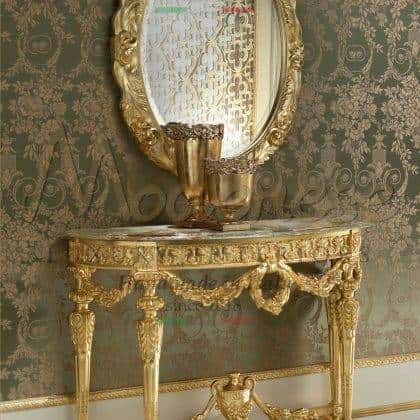 classy refined figured oval mirror in golden leaf details finish handmade carved decorative elements golden elegant french furniture reproduction handmade decorations solid wood bespoke furniture premium royal palace home decorations customized projects