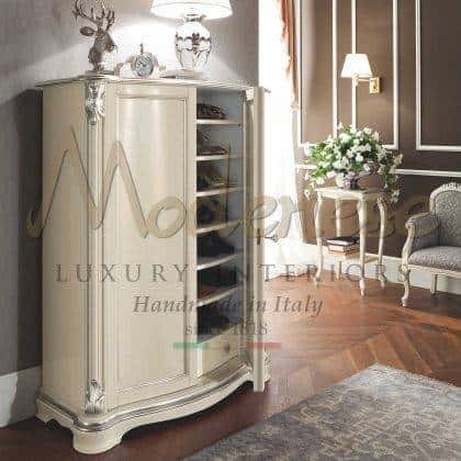 luxury elegant italian Ivory wardrobes version custom mad fabrics finishes with silver leaf details top quality classic italian furniture manufacturing solid wood materials luxury lifestyle elegant home furnishing rich wardrobes collection