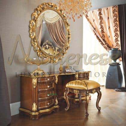classy make up table handmade solid wood furnishing walnut rich details charming elegant decorated Swarovski handle drawres refined finish majestic venetian empire mirror golden carvings details chair golden leaf finish baroque venetian style made in italy custom made quality design home decoration villas interiors