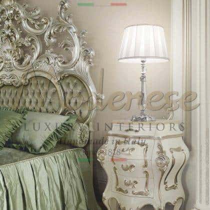 luxury elegant italian furniture silver leaf finish details green onyx top elegant master suite night table classical refined solid wood night table made in Italy craftsmanship baroque style furniture timeless venetian handcrafted artisanal empire italian classy
