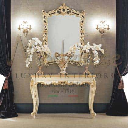 majestic white lacquered console finish details in golden leaf elegant italian artisanal manufacturing top wooden quality exclusive italian classic baroque venetian furniture elegant venetian baroque royal mirror handmade carved decorative elements golden details palace furnishing made in italy furniture