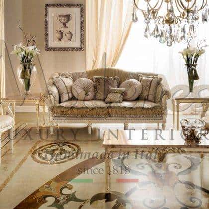 top luxurious living room area traditional italian furniture classic designed 2-seater sofa ornamental upholstery elegant armchairs custom-made empire style coffee tables with marble top solid wooden high-end quality made in Italy handmade carved furniture with rich upholstery
