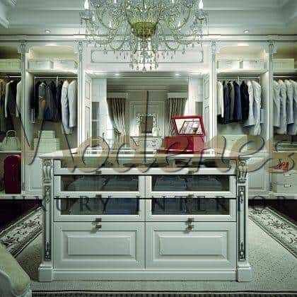 exclusive italian artisanal walk in closet solid wood white luxury wardrobes traditional venetian style handmade carved refined sliver leaf finishes dress island fixed furniture bespoke home furnshing project soft finishes elegant fabrics ideas made in Italy classic wooden royal luxury design exclusive handcrafted solid woo