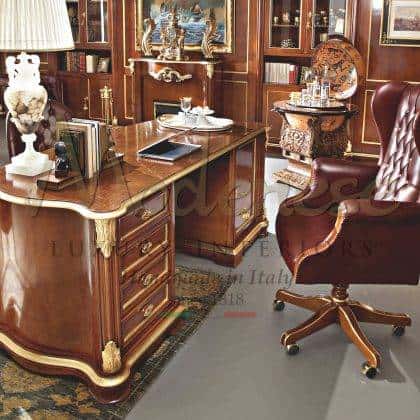 classy luxury office executive desk bespoke office project golden leaf details majestic exclusive office interiors royal villa furniture high-end quality best made in Italy artisanal manufacturing bespoke office projects decorative solid wood swivel armchair timeless traditional venetian rococo' luxury classic custom-made office handmade italian craftsmanship
