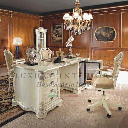 tasteful sophisticated ivory patinated writing desk bespoke office project silver leaf details majestic top wooden exclusive office interiors royal villa palaces furniture high-end quality best made in Italy artisanal manufacturing