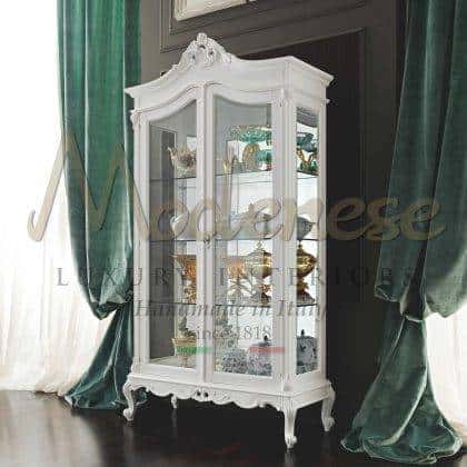 exclusive handmade inlaid top white vitrines elegant detail bespoke refined crystal shelves furniture collection luxury italian artisanal handmade production traditional home furnishing high-end quality opulent design royal villa timeless chairs made in Italy precious fabrics