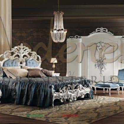 handcrafted venetian baroque furniture majestic unique master bed suite luxury villa décor interiors majestic white lacquered headboard refined Swaorvski buttons details decorative elements palace furnishing rich master bedroom suite collection finish details in silver leaf elegant decorations custom made artisanal manufacturing exclusive italian carved solid wood