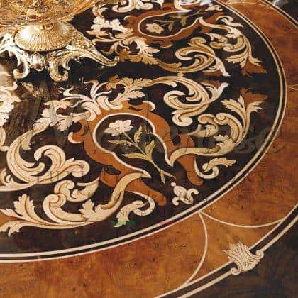 inlaid round table elegant handmade dining table ideas high-end customized empire design exclusive carved and manufactured tailor made details bespoke wood luxury handcrafted private and public exclusive projects presidential royal palaces interiors made in italy