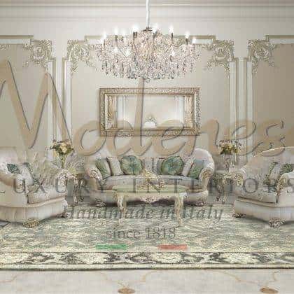 Upholstered Traditional Luxury Italian Sofa Set: Elegant Coffee Tables with Silver Leaf Finish by Modenese Luxury Interiors