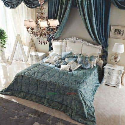luxury exclusive venetian design unique style baroque elegant master suite bed precious made in Italy fabrics selection luxury majestic villa exclusive top quality solid wood handmade carvings upholstered bed structure white lacquered finish leaf silver details opulent royal exclusive artisanal handcrafted