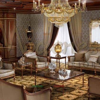solid wood structure handcrafted luxury Italian furniture exclusive empire style royal majlis palaces opulent furniture collection classical taditional home décor best quality artisanal manufacturing custom-made living room sofas armchairs coffe tables luxurious marble top bespoke made in Italy craftsmanship