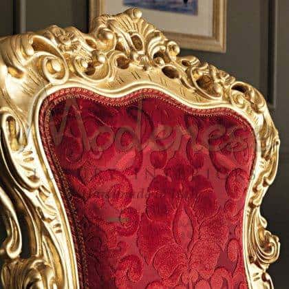 best quality made in Italy furniture details solid wood handmade carvings full golden leaf finish elegant dining room chairs refined materials luxurious home decorations premium handcrafted interiors artisanal manufacturing ornamental victorian design handmade decorative details elegant home décor baroque style majestic villa furniture project