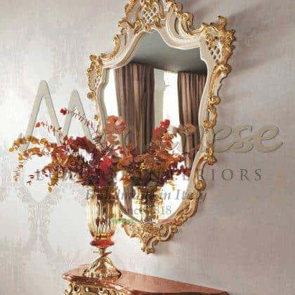 empire luxury ivory patinated figured mirror furniture carvings details unique refined golden leaf finish interiors artisanal victorian venetian details décor made in italy solid wood unique wooden furniture manufacturing italian artisanal rich furnishings custom made