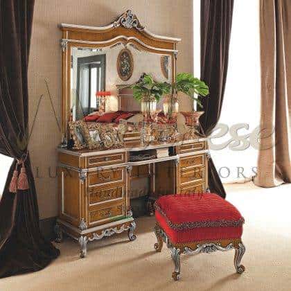 classic luxury make up table furniture unique refined silver leaf finish interiors artisanal victorian venetian details upholstered décor chair solid wood unique wooden furniture manufacturing rich furnishings quality italian high-end materials briarwood inserts unique home decorations refined finishing premium royal beautiful made in Italy