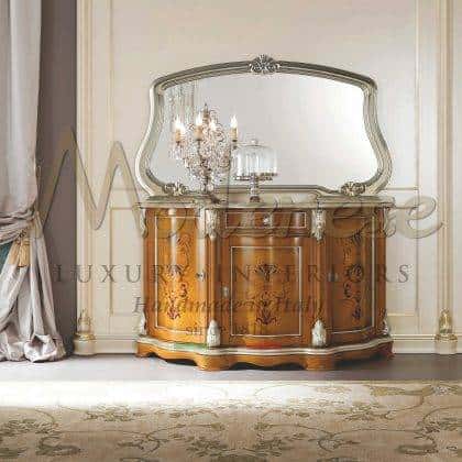 top refined quality sophisticated artisanal sideboard production handmade carved details in silver leaf finish bespoke inlays high-end made in Italy furniture majestic living room best sideboard ideas premium quality solid wood interiors ornamental furniture elegant home decorations royal palaces and villas traditional timeless baroque venetian exclusive inlaid sideboard design