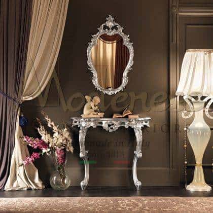 premium quality artisanal handmade carved venetian silver console manufacturing best quality refined silver leaf finish made in Italy handcrafted furniture elegant handmade details traditional venetian baroque victorian quality solid wood interiors