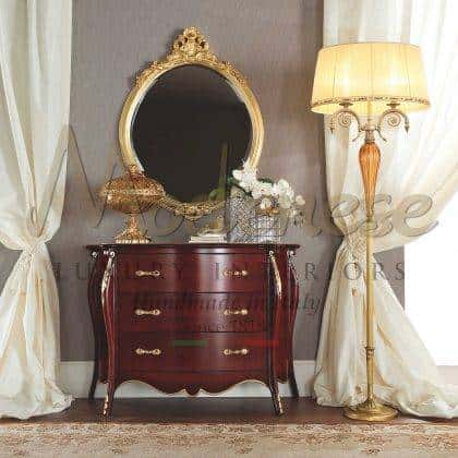 opulent classy mahogany commode handmade solid wood finish refined golden details luxury golden finish mirror italian artisanal manufacturing exclusive golden handle details italian classic baroque furniture made in Italy home decorations