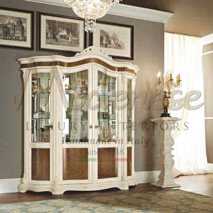 royal palace solid wood luxury elegant white inlaid vitrines furniture ideas exclusive brown finish refined white leaf details design made in Italy fabrics timeless empire style handcrafted 100% in Italy solid wood high-end material best classical luxury villa furniture bespoke home interiors handmade carved furniture opulent