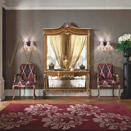 tasteful royal furniture figured mirror collection furnishing exclusive custom made carvings made in Italy solid wood interiors premium quality wooden furniture handmade high-end royal mirror silver finish details bespoke handcrafted private and public classy décor details