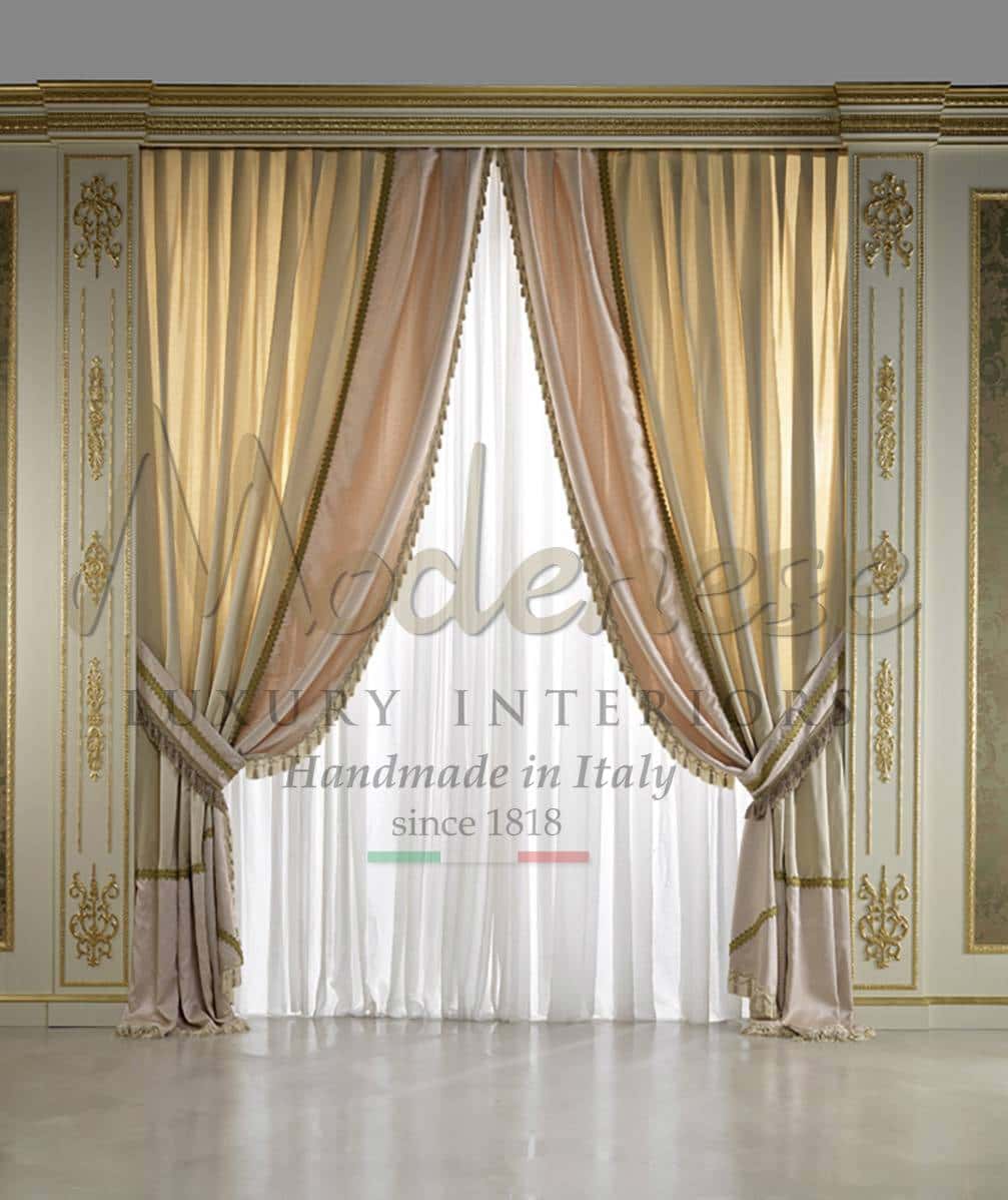 rideaux tissu goût italien design français service intérieur décoration service à domicile projet résidentiel classique luxe royal baroque accessoires fenêtres décoration villa palais projet unique élégant raffiné spécial