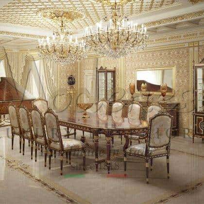 solid wood bespoke empire style dining table inlaid top customized dining set made in Italy furniture handcrafted home decoration royal palaces exclusive custom-made dining room set collection luxury grand piano majestic sideboard traditional baroque style vitrines