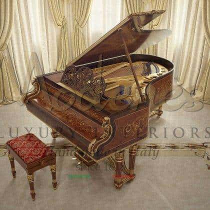 premium quality artisanal handmade carved venetian unique grand piano manufacturing best quality made in Italy handcrafted furniture elegant handmade inlaid refined gold details carved traditional venetian baroque victorian decorative fortepiano, custom-made piano decoration, made in Italy grand piano, original instrument mechanism, luxury royal piano, antique classic piano, inlay piano decoration best quality solid wood interiors ornamental furniture for elegant royal palaces and villas furnishing projects