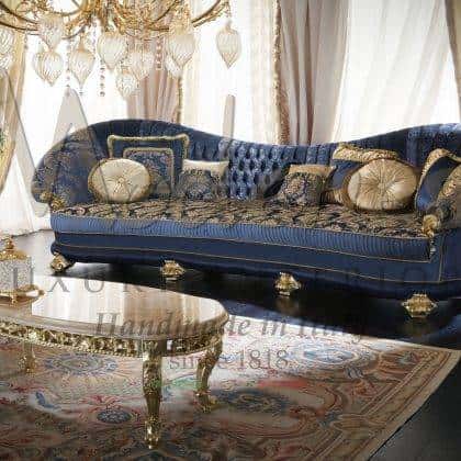 custom-made beautiful fabrics luxurious living room royal palace special design made in Italy top quality sofa elegant handmade blue upholstered 3-seater sofa exclusive classic top marble coffe table golden leaf details venetian style handmade custom interiors handcrafted italian timeless design furniture bespoke home decorations handmade artisanal manufacturing