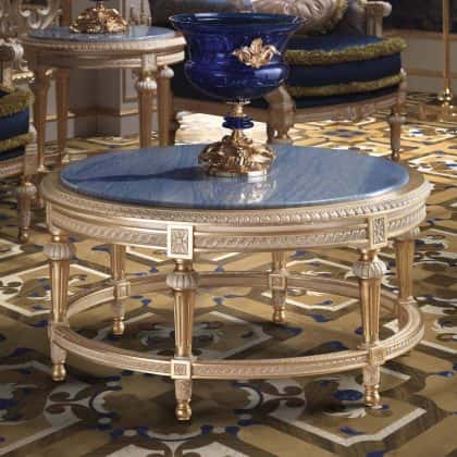 handcrafted solid wood best quality baroque majestic coffee table craftsmanship italian artisanal manufacturing azul inlaid marble furniture with luxury golden leaf finish traditional classy style customization exclusive dècor details made in italy manufacturing