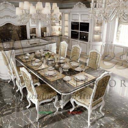 made in italy with solid wood Deluxe - Ivory version traditional venetian style handmade kitchen carved furniture bespoke home furnshing project with elegant finishes fabrics ideas made in Italy classic wooden chairs royal luxury design exclusive handcrafted solid wood bespoke marble table