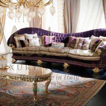 customized luxurious living room royal palace special design made in Italy beautiful fabrics elegant handmade violet upholstered 3-seater sofa exclusive classic top marble coffe table golden leaf details venetian style handmade custom interiors handcrafted italian timeless design furniture bespoke home decorations handmade custom by italian artisans
