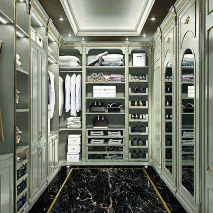 luxury classy dressing room craftsmanship beautiful made in Italy luxury spacious cabinet refined golden finishes traditional classic style custom made in italy exclusive dressing room design opulent classy décor details handcrafted interiors artisanal manufacturing