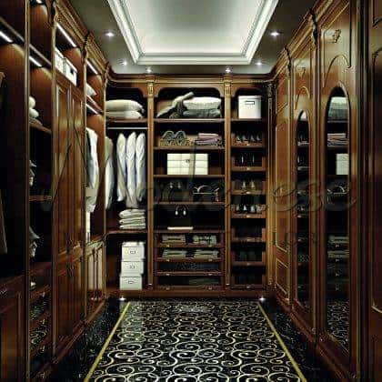 luxury fixed furniture brown solid wood walk in closet craftsmanship beautiful made in Italy luxury spacious cabinet refined golden leaf finishes traditional classic style custom made in italy exclusive design opulent classy décor details handcrafted design for exclusive royal palaces and villas decoration projects
