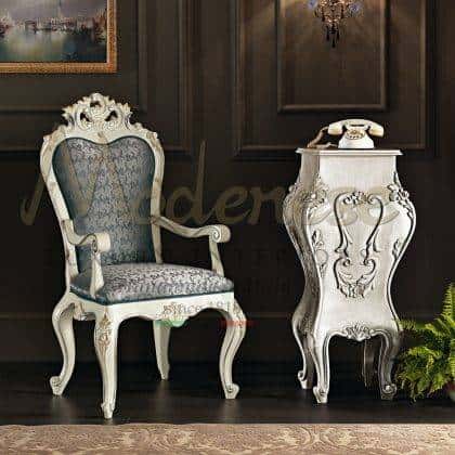 handmade best quality solid wood carvings elegant blue fabric beautiful armchair design timeless refined dining room chairs with arms handmade decorated furniture custom-made solid wood interiors top quality traditional baroque style luxury home décor high-end handcrafted rococo' interiors artisanal manufacturing ornamental opulent design timeless home décor majestic villa project