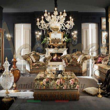 timeless design home decor luxury living room furniture sofa armchair set made in Italy upholstered high quality french baroque design furniture opulent majestic interiors custom handmade carved solid wood gold details traditional artisanal production