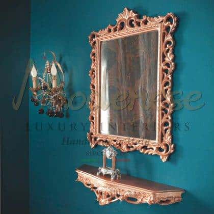 classy royal empire copper leaf details console design refined royal italian deluxe traditional manufacturing carving shelve console royal mirror custom-made elegant design top italian luxury quality furniture production royal villa furniture collection