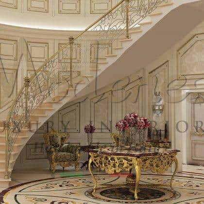 boiseire handmade custom handcrafted luxury flight of stairs elegant top marble round table customized carved golden details baroque style high-end classy deluxe furniture handmade custom artisanal interiors production majestic refined bespoke boiserie solid wood luxury best made in Italy