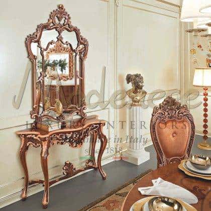 refined classy solid wood custm made console top furniture collection top wooden console custom made carved copper leaf finish furniture best Italian quality exclusive craftsmanship custom-made home décor majestic furnishing projects top quality artisanal interiors production